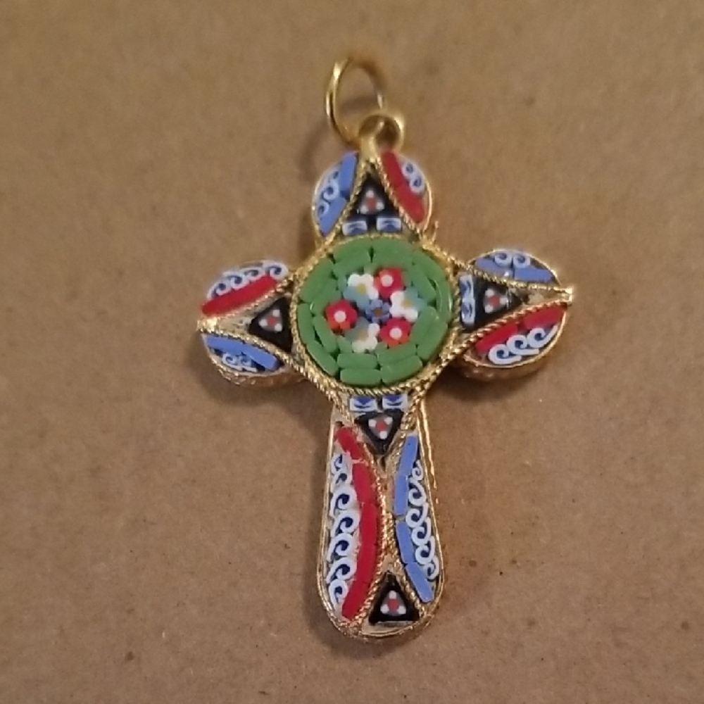 Vintage Italian Micro Mosaic Cross Pendant